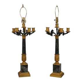 Pair Antique French Empire Marble & Bronze Candelabras