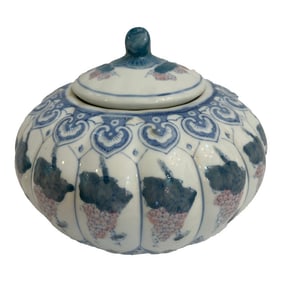 Vintage Blue White and Pink Chinoiserie Pumpkin Shaped Lidded Jar