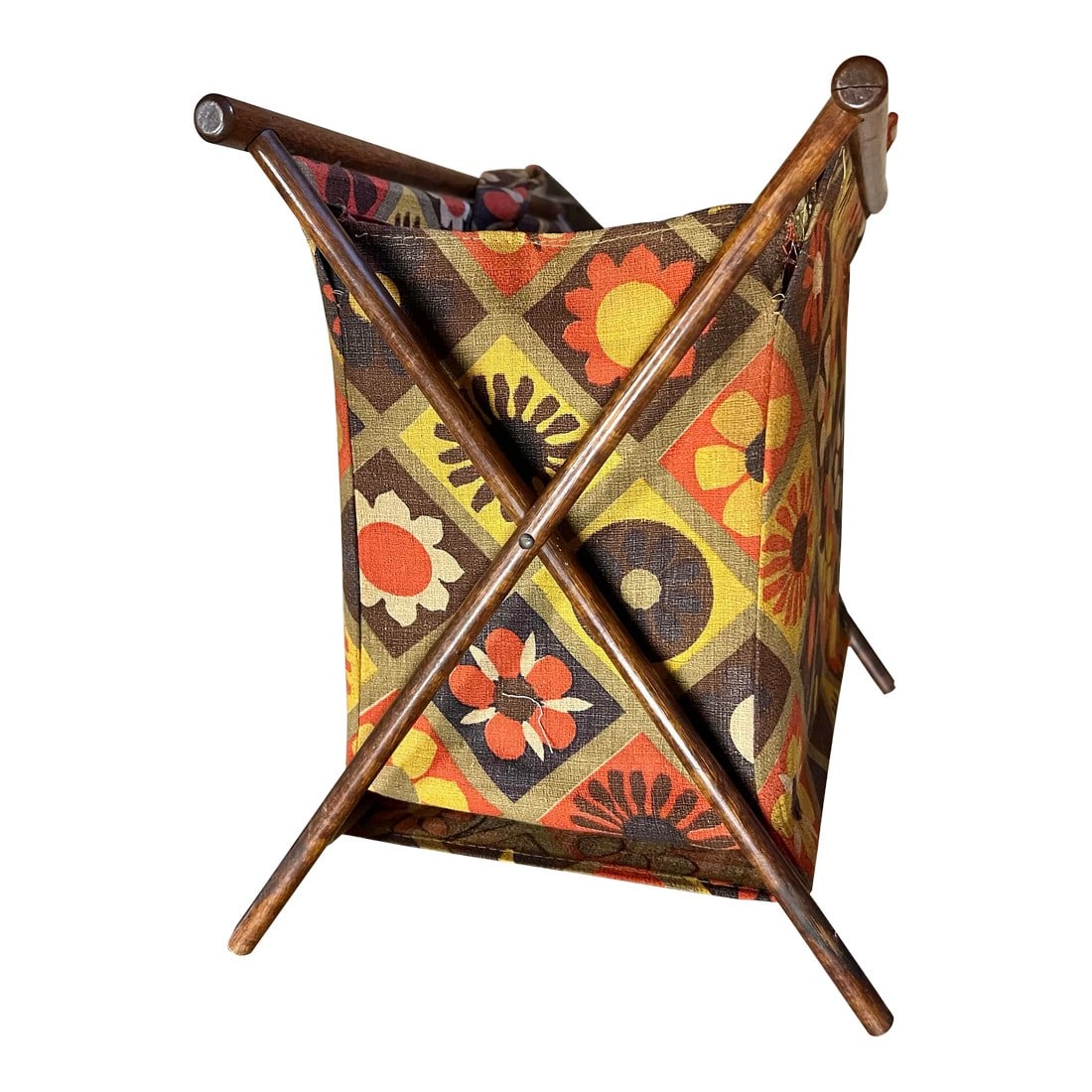 Mid 20th Century Mid Century Fabric Knitting or Magazine Foldable Holder: Vintage, Mid Century Folding Basket. Retro fabric in Orange Gold & brown floral print Fabric. Collapsible Storage Bag. Wood frame with fabric lined bag This was a kniting bag but could also be used as