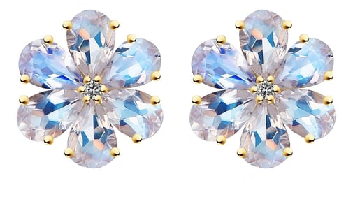 Nina Zhou Moonstone Diamond Forget-Me-Not Flower Earrings in 14k Yellow Gold - a Pair