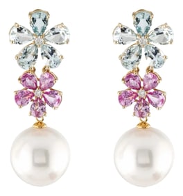 Nina Zhou Aquamarine Pink Sapphire Blossom Pearl Convertible Earrings in 14k Yellow Gold - a Pair
