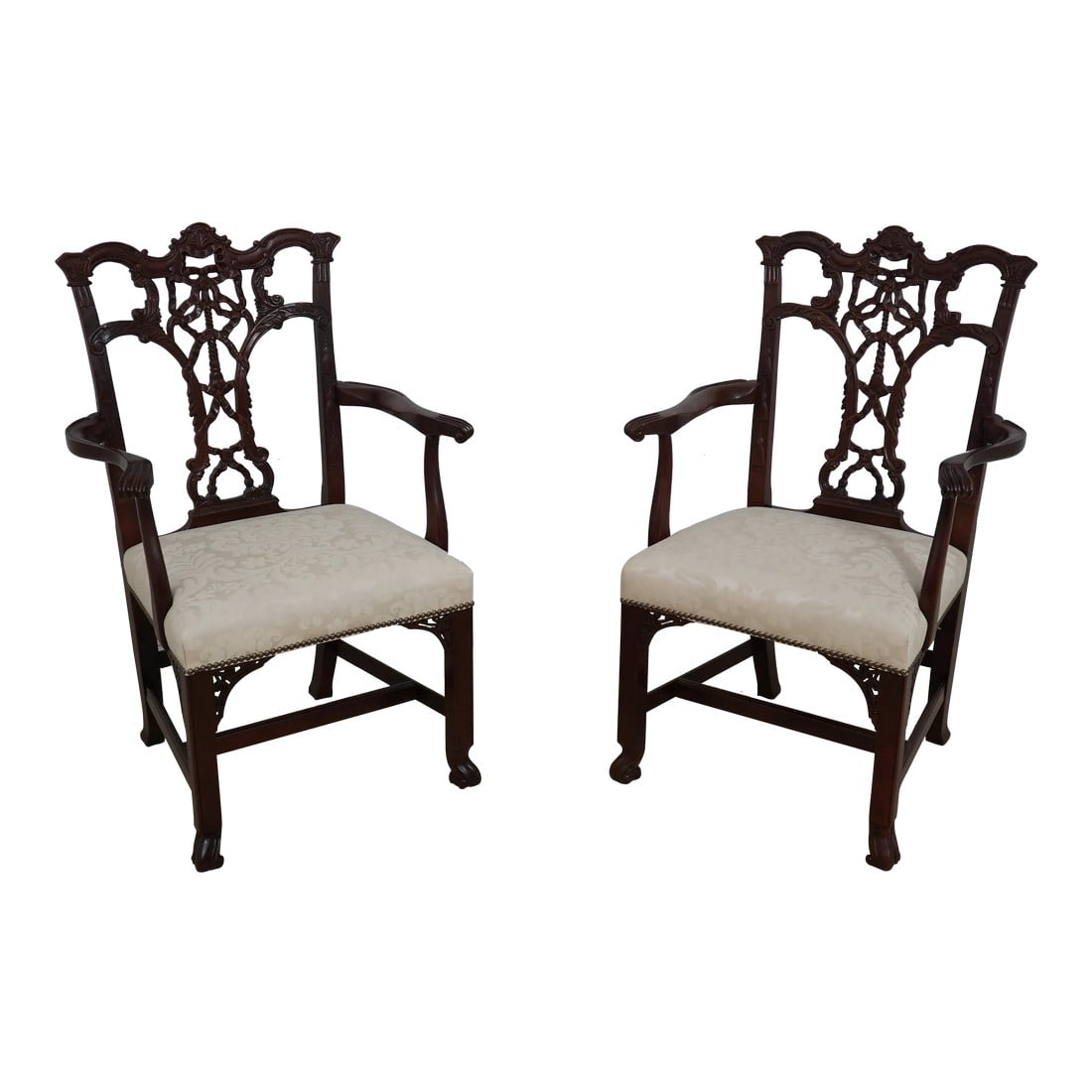 Pair Hickory Chair Co Carved Mahogany Rococo Armchairs: Age: Approx: 10 Years Old Details: 18 C. Design Chippendale Style Traditional Style Tack Head Trim White Damask Seat Rococo Style Offered @ Fraction Original Retail Cost Condition: Excellent Super Cle