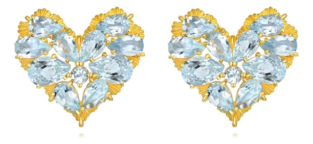 Nina Zhou Fantasy Heart Aquamarine Earrings in 14k Yellow Gold - A Pair