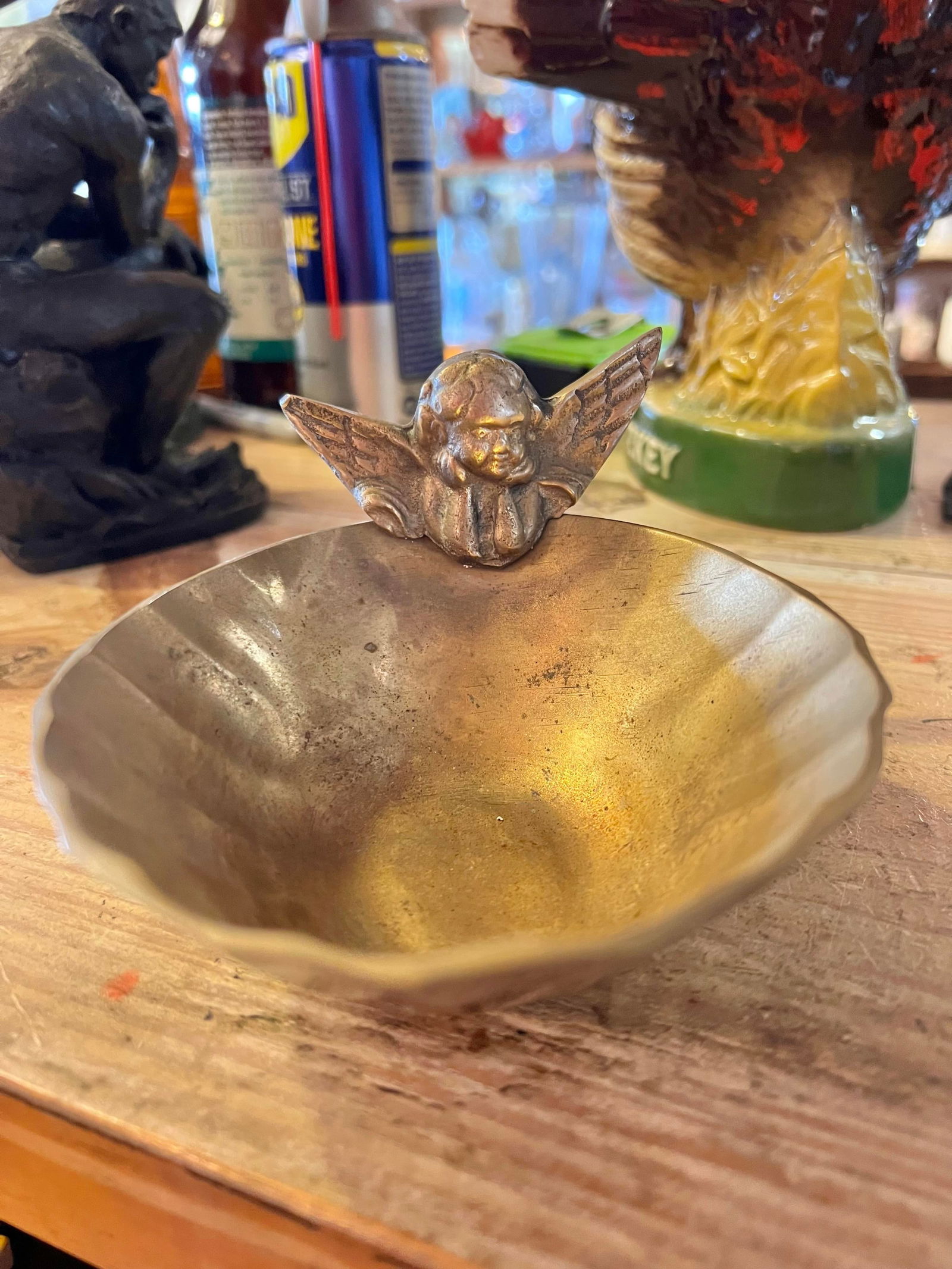 Vintage Solid Brass Trinket Dish With Cherub - 6
