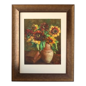 Early 1900s French Still Life Painting of Sunflowers