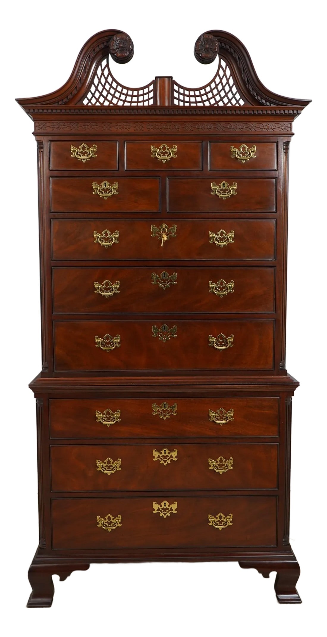 Kindel Mahogany National Trust Cliveden High Chest: Age: Approx: 30 Years Old Details: National Trust Collection Bracket Feet Dovetailed Drawer Construction High Quality Construction Large Impressive Chest Quarter Column Sides 18 C. Design Chippendale