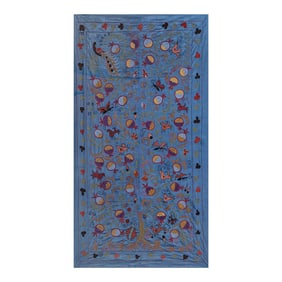 1960s Silk Suzani Blue Runner With Tree of Life Pattern