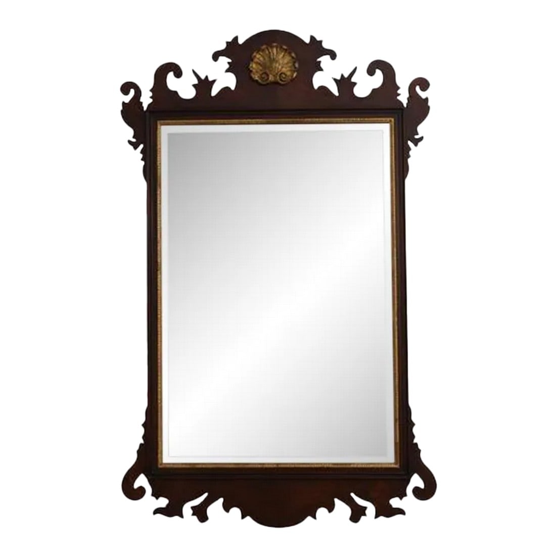 Henkel Harris Chippendale Mahogany Mirror: Age: C.2001 Details: Finish No.29 H-6 Beveled Glass Mirror Nice Gold Accents Condition: Excellent Original Finish & Condition Minor Wear To Gold Size: 29w x 1.5d x 46h Condition: Alte