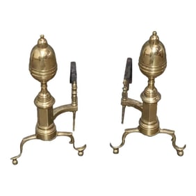 Pair of Mid 20th Century Virginia Metalcrafters Brass Fireplace Andirons With Log Holders