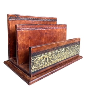 Vintage Italian Wood Wrapped Leather Letter & Document Holder With Embossed Gold Detailing