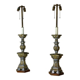 Pair of Antique Pewter Temple Candle Holder Lamps
