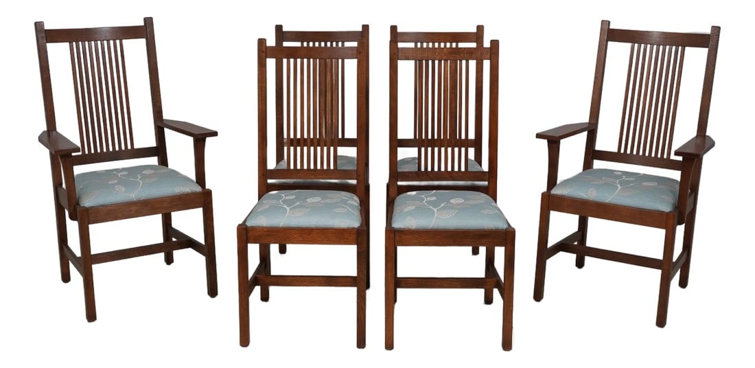 Set of 6 Stickley Mission Oak Prairie Dining Room Chairs (1 of 12)