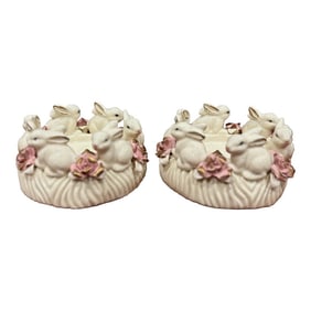 Vintage Porcelain Capodimonte Style Bunny Rabbits Pillar Candle Holders, a Pair