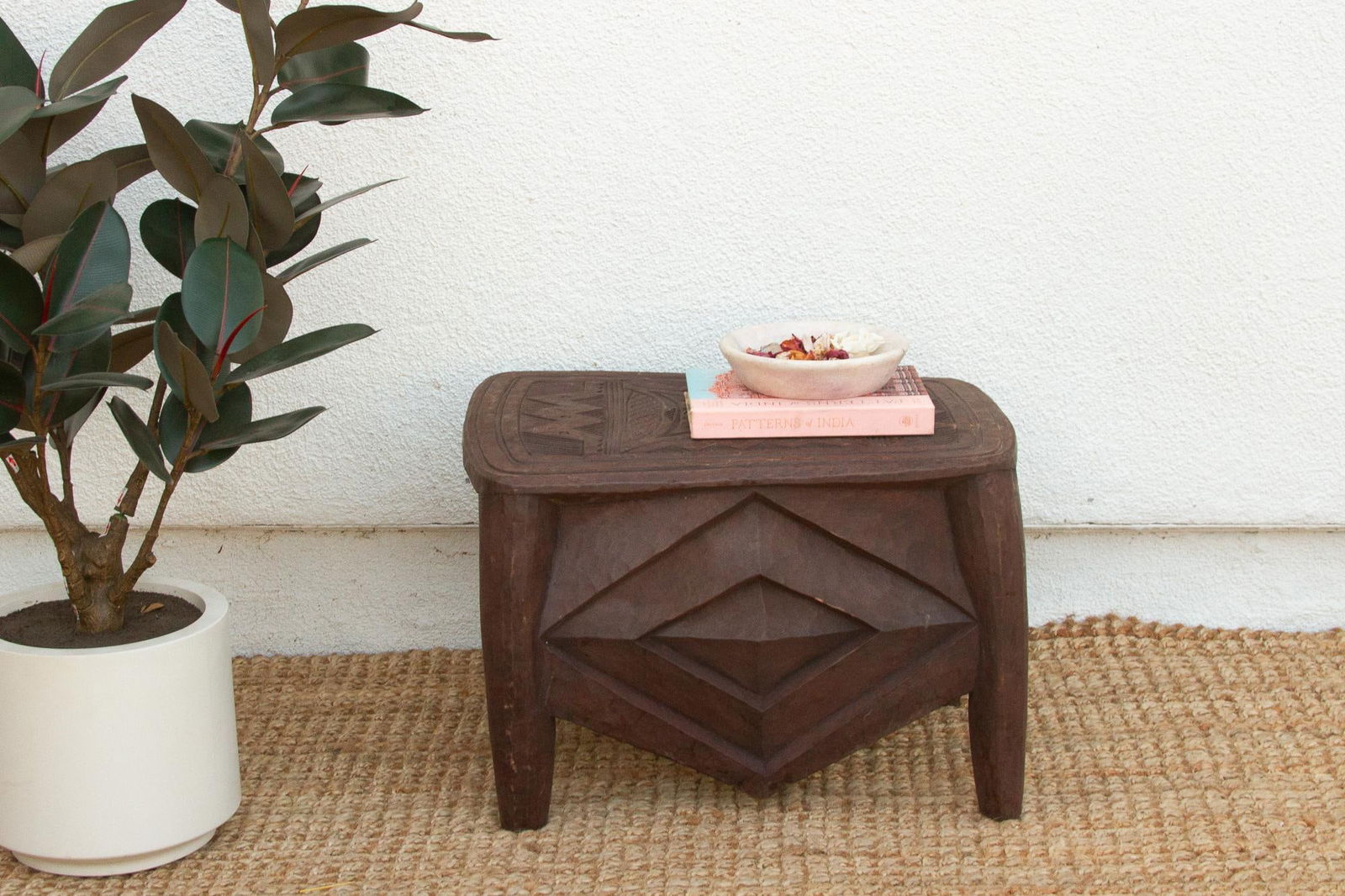 Diamond Base Carved African End Table - 9