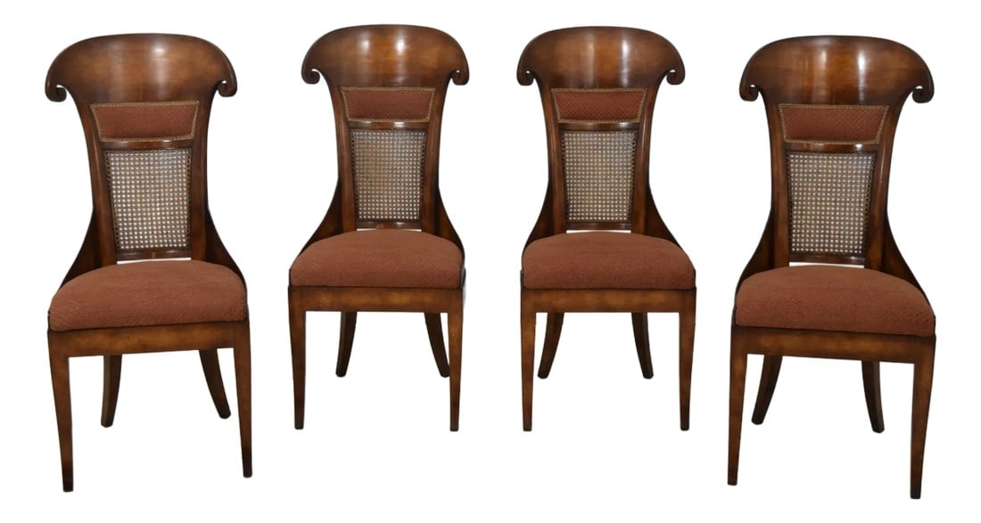 Set of 4 Biedermeier Style Cane Back Upholstered Dining Chairs: Age: Approx: 30 Years Old Details: Biedermeier Style Brand New Upholstery Cane Backs Great For Games Table Or Small Dinette Set Nice Scrolled & Curved Backs Condition: Excellent Original Finish & Cond