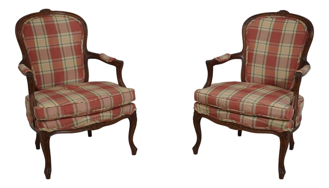 Pair Vintage French Louis XV Upholstered Bergere Chairs