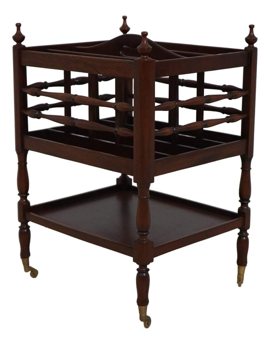 English Style Mahogany Canterbury Magazine Rack: Age: Approx: 20 Years Old Details: Brass Capped Caster Feet Quality Construction English Style Nice Turned Legs & Spindles Canterbury Style Magazine Rack Condition: Excellent Clean Original Finish & C