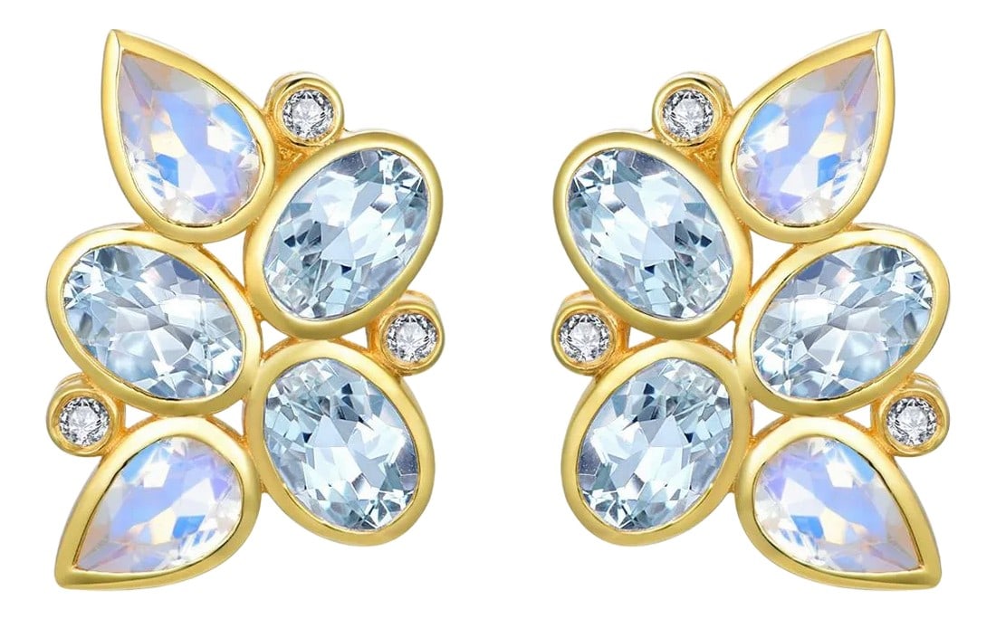 Nina Zhou Aquamarine Moonstone Diamond Cluster Earrings in 14k Yellow Gold - a Pair: 14K Yellow Gold 6 pieces 4 x 6 mm Natural Aquamarine?Sky Blue?Oval?Eye Clean Aquamarine CTW: 2.70 4 pieces 4 x 6 mm Natural Moonstone?Blue?Pear?Eye Clean Moonstone CTW: 1.50 Natural Diamond Grade: G C