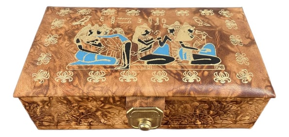 Egyptian Revival Embossed Leather Jewelry Box