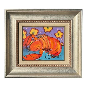 Original Painting by E. A. Barnes, Lobster & Flowers, Signed.