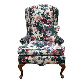 Vintage Bright Floral Queen Anne Wingback Arm Chair