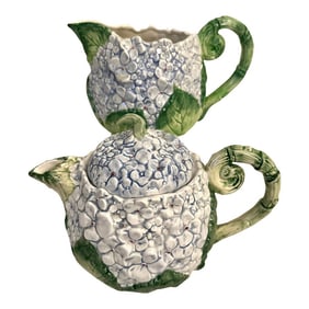Fitz & Floyd Oci Blue Hydrangea Teapot & Pitcher Set