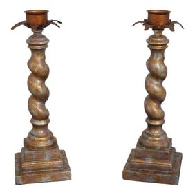 Pair Spiral Twist Candle Sticks W. Tole Palm Leaves