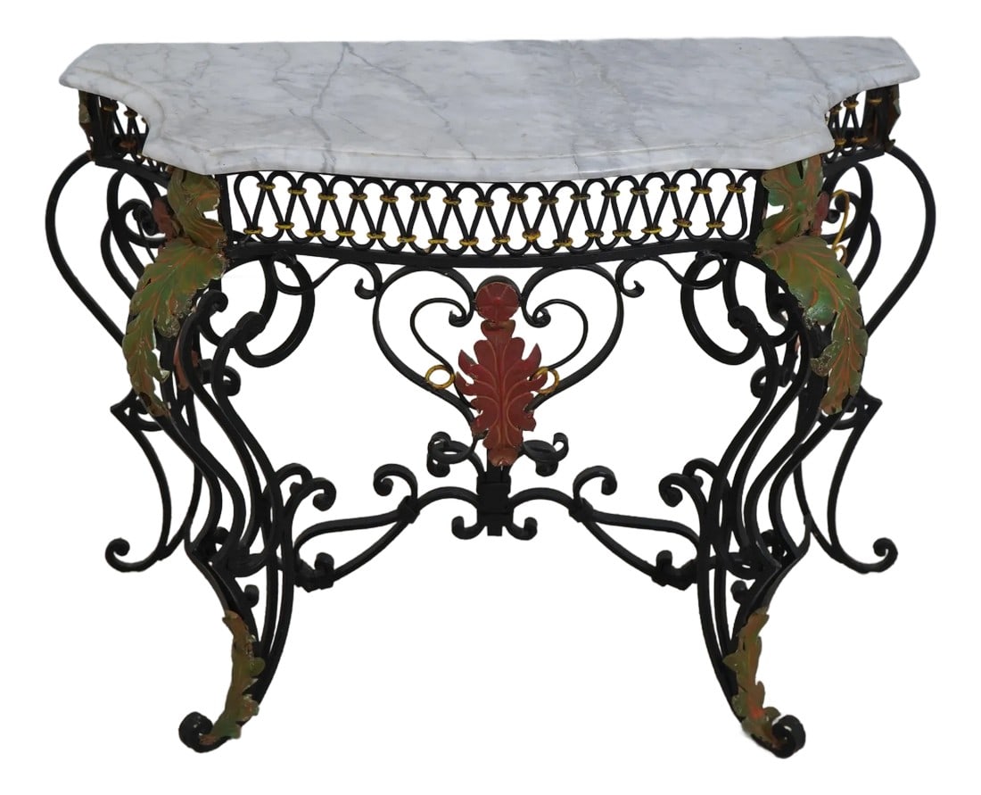 Vintage Marble Top Wrought Iron Base Console Table: Age: C.1930s Details: Italian Design Quality Construction Nice Vibrant Painted Details Normal Aging Characteristics To Marble Top Heavy Wrought Iron Scrolled Base Condition: Excellent Condition - Mino
