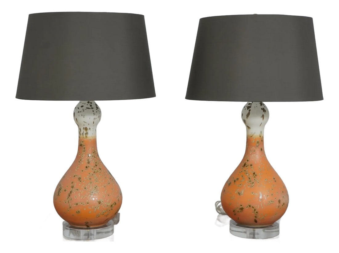 Pair Modern Design Art Pottery Lamps W. Lucite Bases: Age: Approx: 20 Years Old Details: Modern Design Stunning Art Pottery Urn Lamps Lucite Base Condition: Excellent Original Finish & Condition Size: 8.5w x 8.5d x 26h Black Shades - 16w x 16d x 9.5h <br