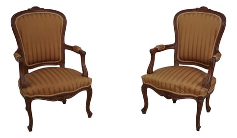 Pair French Louis XV Style Upholstered Armchairs