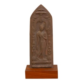 Graceful Terracotta Buddha Votive Plaque on Custom Stand