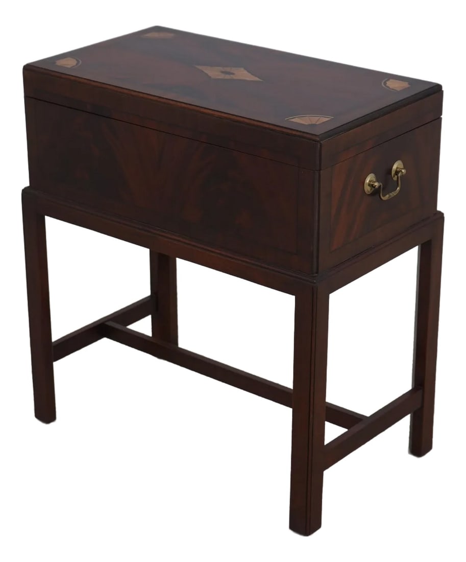 Tradition House Inlaid Mahogany Flip Top Box: Age: Approx: 20 Years Old Details: Nice Inlay Work Traditional Style Solid Brass Hardware Stretcher Base Frame Figural Mahogany Throughout Offered @ Fraction Original Retail Cost Condition: Excellent