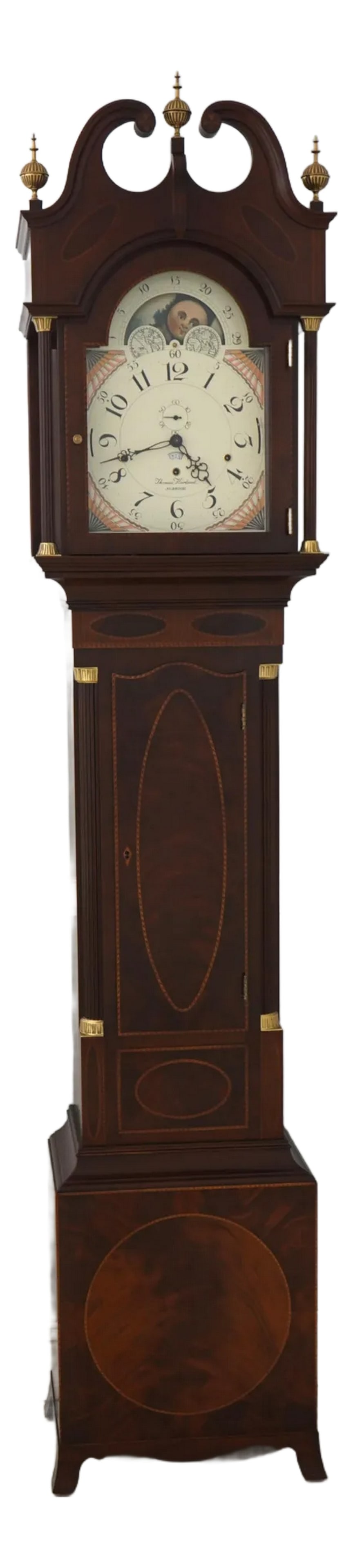 Sligh Thomas Harland Inlaid Mahogany Grandfather Clock: Age: Approx: 30 Years Old Details: Model 569- Thomas Harland Brass Triple Weight Driven Movement High Quality Construction Brass Finial Tops Currently Good Working Order Nice Inlay Work Throughout Qua
