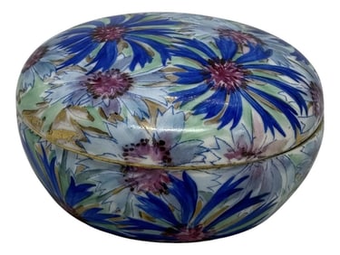 Mid 20th Century Limoges Porcelain Lidded Round Boudoir Trinket Powder Jar Blue Pink Floral Design W