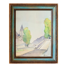 Vintage French Village Watercolor in Teal & Gilt Frame, Signed
