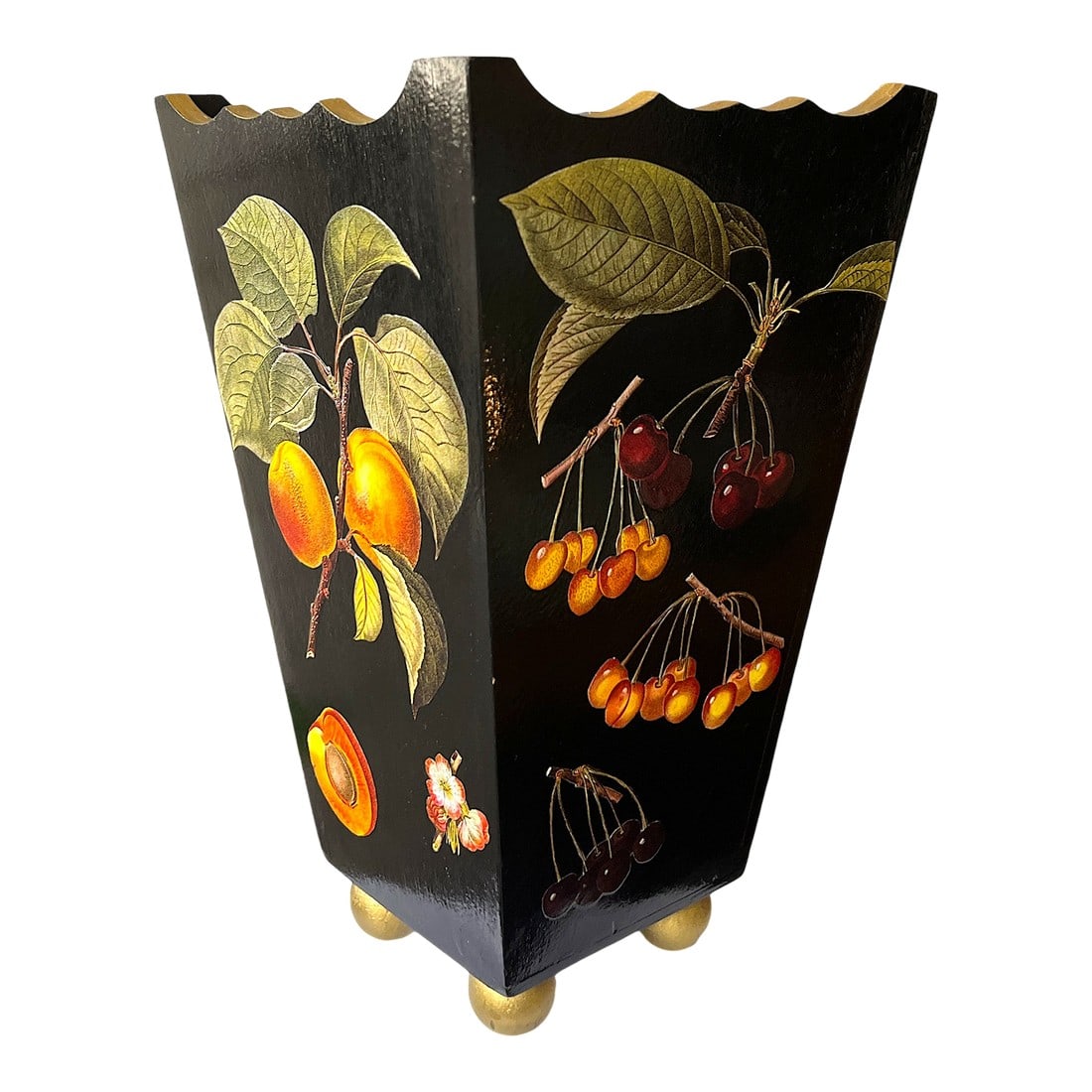 1990s Handmade Solid Wood Wastebasket With Botanical Decoupage Decoration: A charming blend of function and artistry, this handmade wastebasket by Sarah Whiting Studio is a standout piece of decorative utility. Signed and dated 1997, this tapered solid wood bin is hand-paint