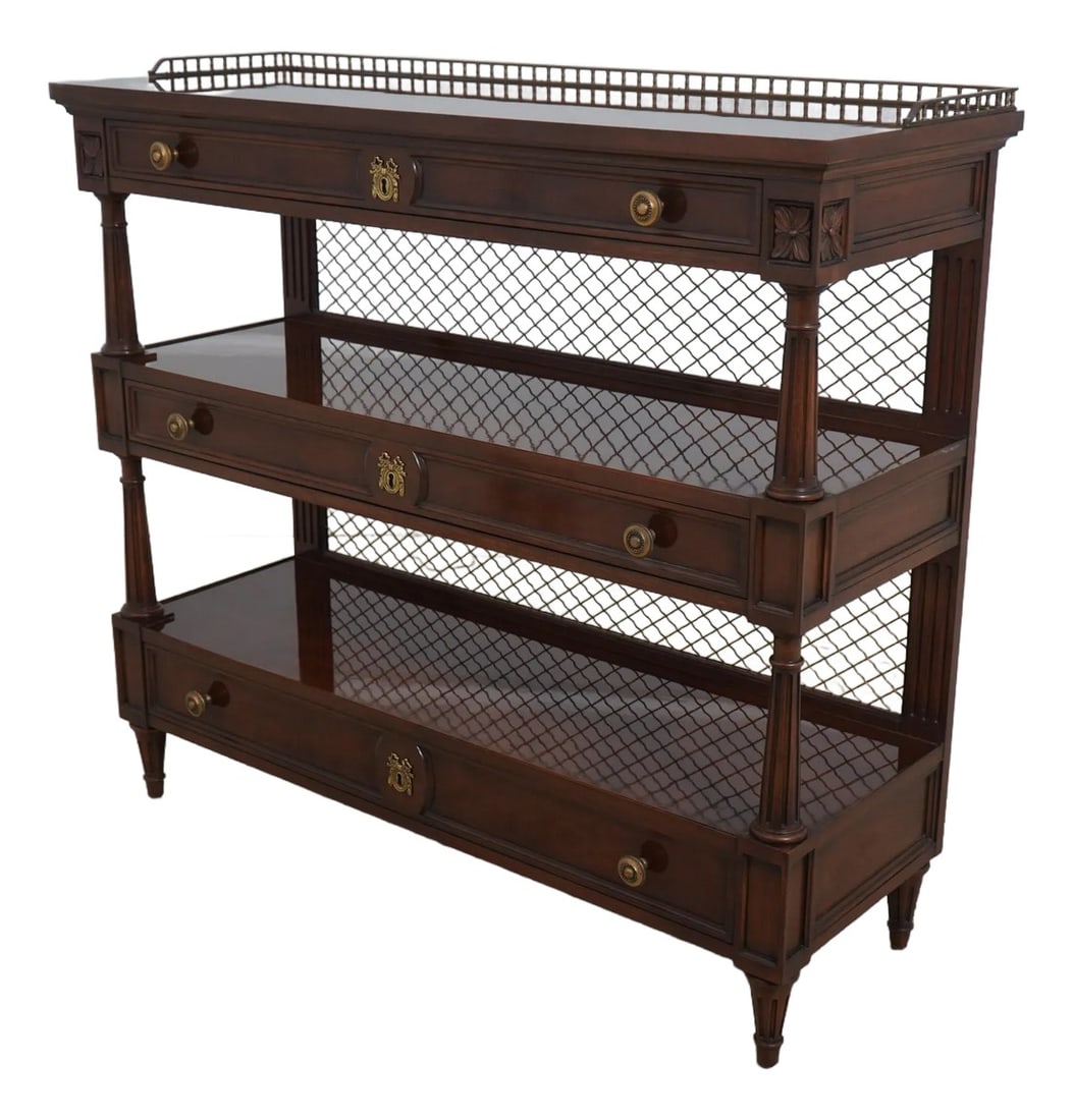 Karges French Louis XVI 3 Tier 3 Drawer Server: Age: Approx: 25 Years Old Details: Felt Lined Silverware Drawer Dovetailed Drawer Construction Fine Carved Details High Quality Construction High Sheen Finish 3 Drawers Brass Gallery Top French Louis