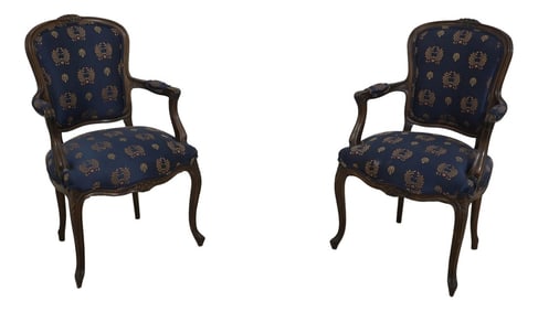 Pair Vintage French Louis XV Style Open Arm Upholstered Chairs