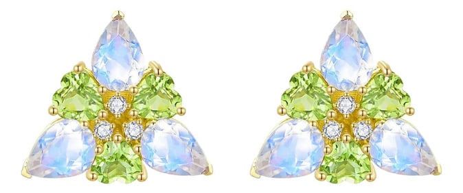 Nina Zhou Moonstone Peridot Diamond Snowdrop Flower Earrings in 14k Yellow Gold - A Pair