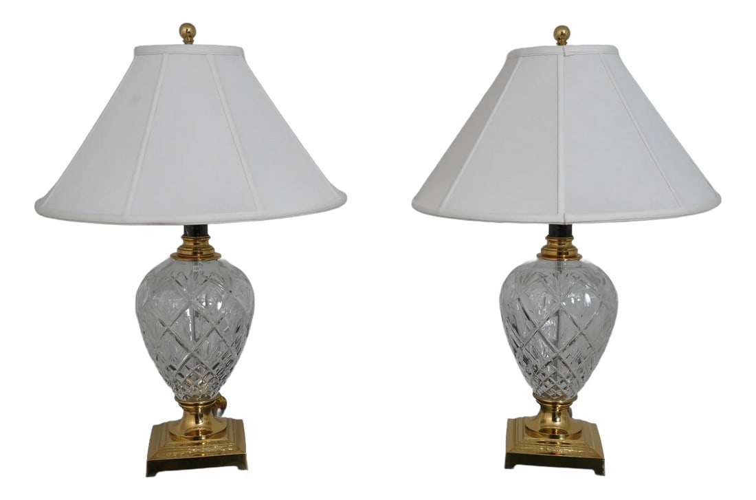 Waterford Pair of Crystal & Brass Urn Table Lamps: Age: Approx: 25 Years Old Details: Urn Bases w. Marble Top High Quality Construction Quality Crystal & Brass Solid Brass Hardware Offered @ Fraction Original Retail Cost Condition: Excellent Original