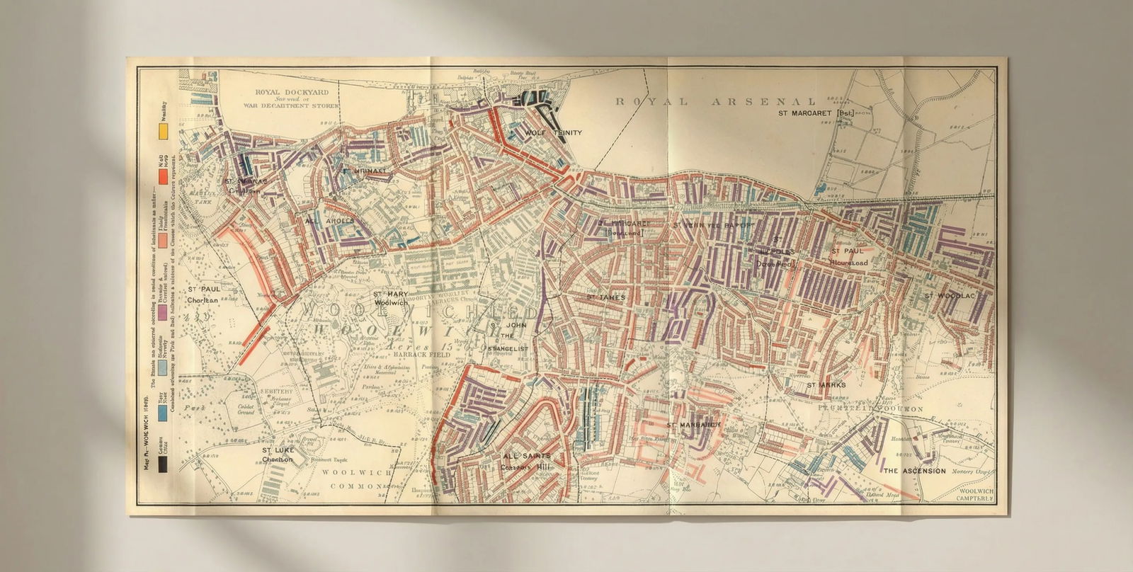WOOLWICH Charles Booth poverty map Plumstead Charlton Shooter's Hill 1902: Title: WOOLWICH Charles Booth poverty map Plumstead Charlton Shooter's Hill 1902 Description: Map R - Woolwich (1900)'. Charles Booth was a philanthropist and social reformer. He was critical of the e