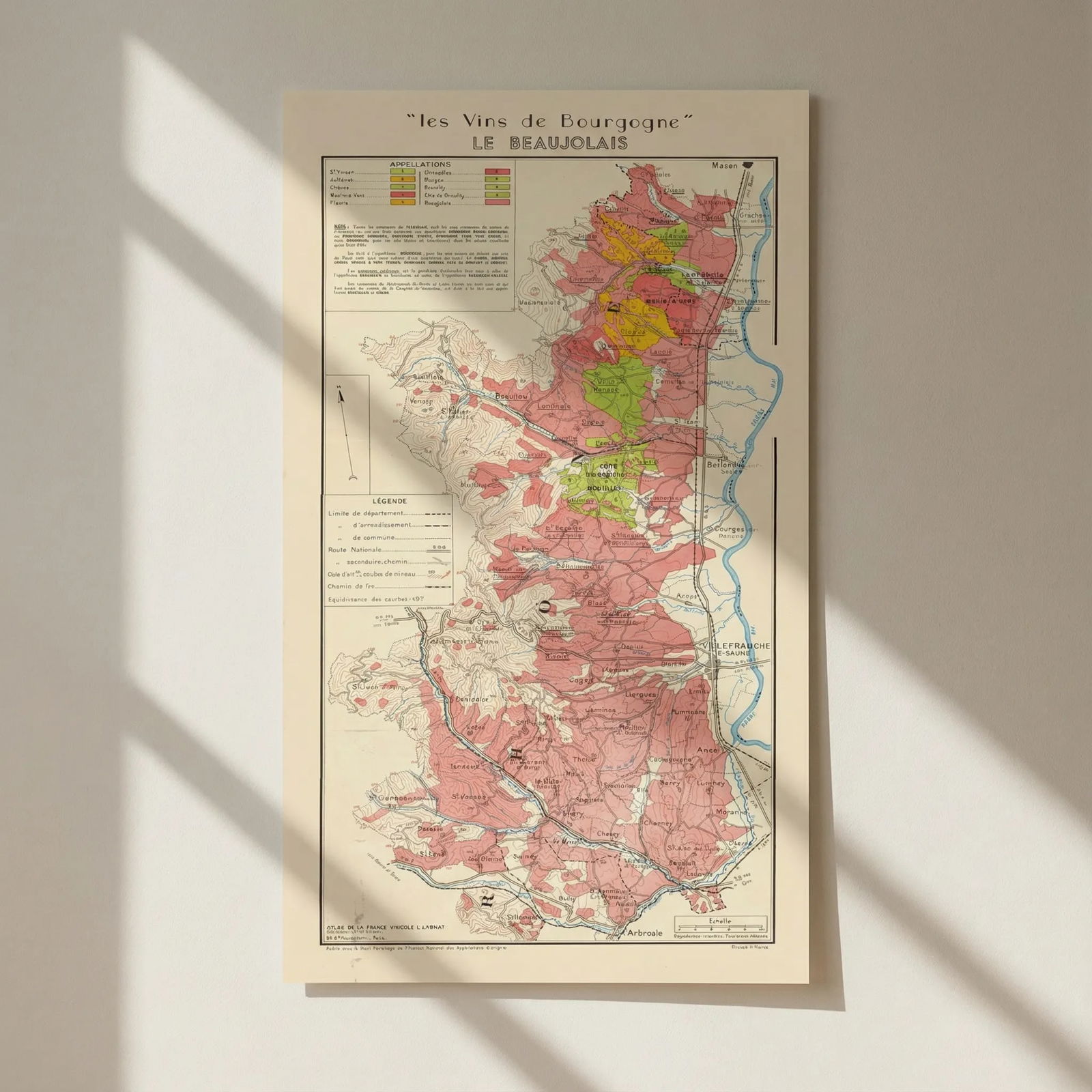 BURGUNDY BOURGOGNE WINE MAP Beaujolais appellations.Fleurie Brouilly LARMAT 1953: Title: BURGUNDY BOURGOGNE WINE MAP Beaujolais appellations.Fleurie Brouilly LARMAT 1953 Description: "Les Vins de Bourgogne" - Le Beaujolais'. The map shows the appellations of St Amour, Juliénas