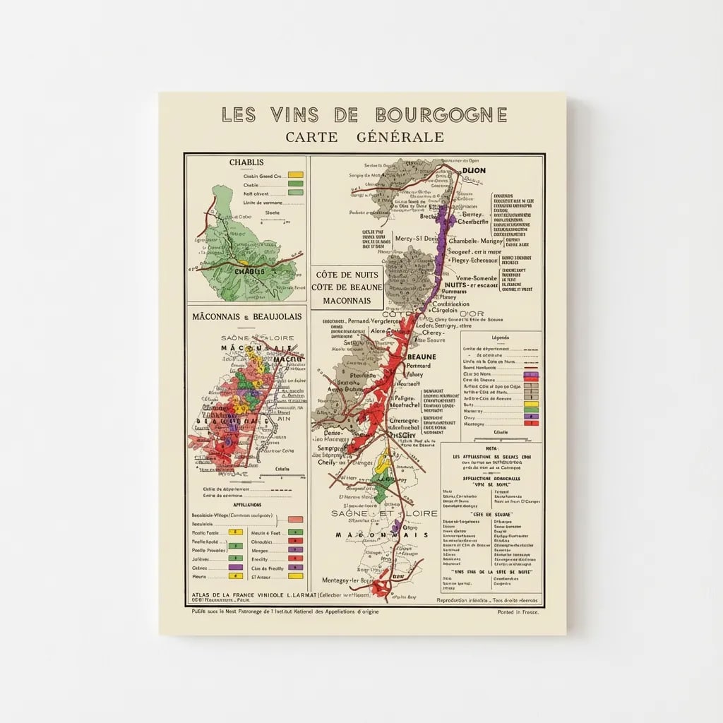 BURGUNDY BOURGOGNE WINE MAP Carte Générale. Côte de Nuits Beaune &c. LARMAT 1953: Title: BURGUNDY BOURGOGNE WINE MAP Carte Générale. Côte de Nuits Beaune &c. LARMAT 1953 Description: "Les Vins de Bourgogne" - Carte Générale'. The map shows the wine areas an