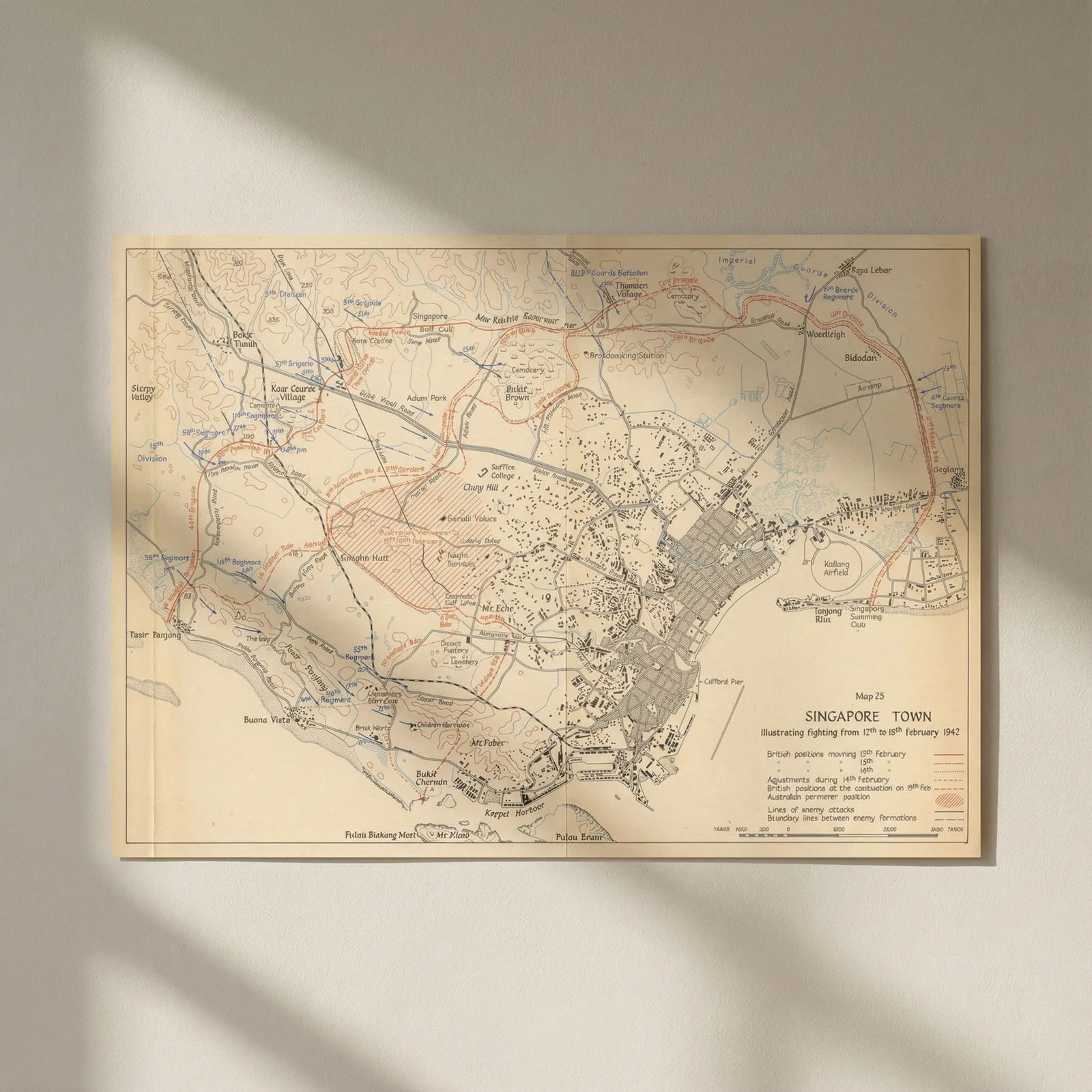 Battle of Singapore. Town city. 12th to 15th February 1942 1957 old map: Title: Battle of Singapore. Town city. 12th to 15th February 1942 1957 old map Description: Singapore Town (illustrating fighting from 12th to 15th February 1942)' by HMSO. Published 1957. Vintage col