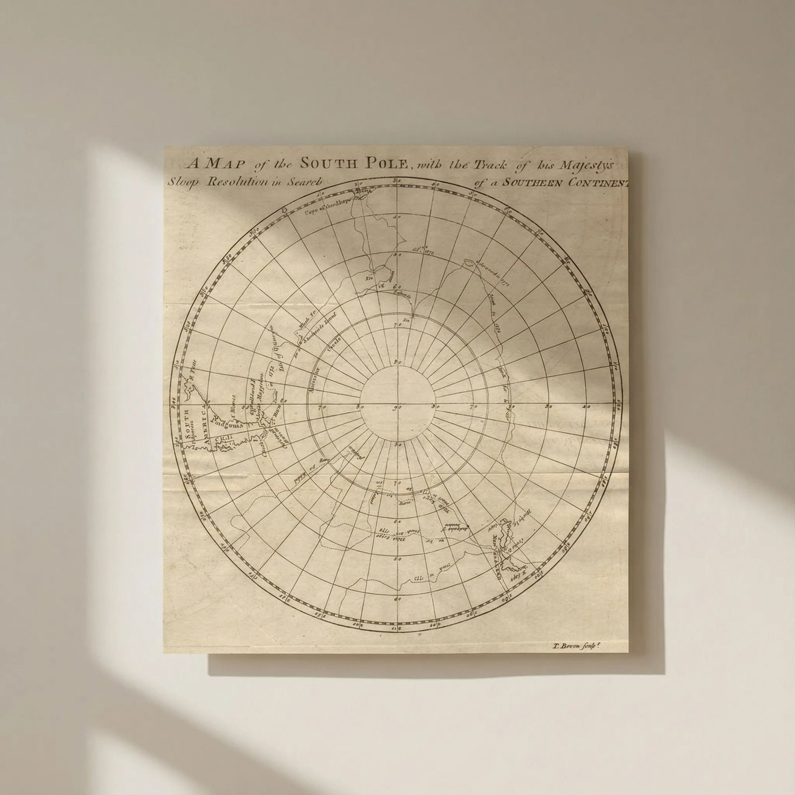 The South Pole with the track of HMS Resolution. Cook. Antarctic. BOWEN 1776 map: Title: The South Pole with the track of HMS Resolution. Cook. Antarctic. BOWEN 1776 map Description: A map of the South Pole, with the track of his Majesty's Sloop Resolution in search of a southern c