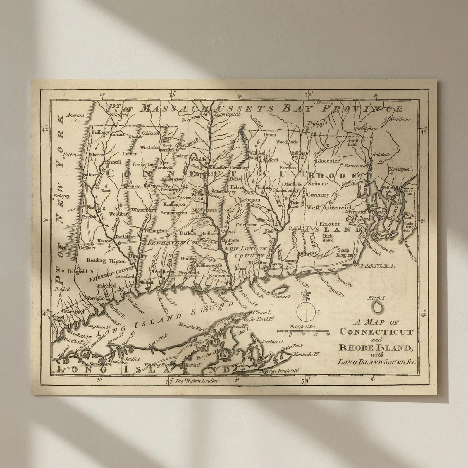 A map of Connecticut and Rhode Island with Long Island Sound. GENTS MAG 1776: Title: A map of Connecticut and Rhode Island with Long Island Sound. GENTS MAG 1776 Description: A map of Connecticut and Rhode Island with Long Island Sound &c.' by Unattributed. Published 1776.