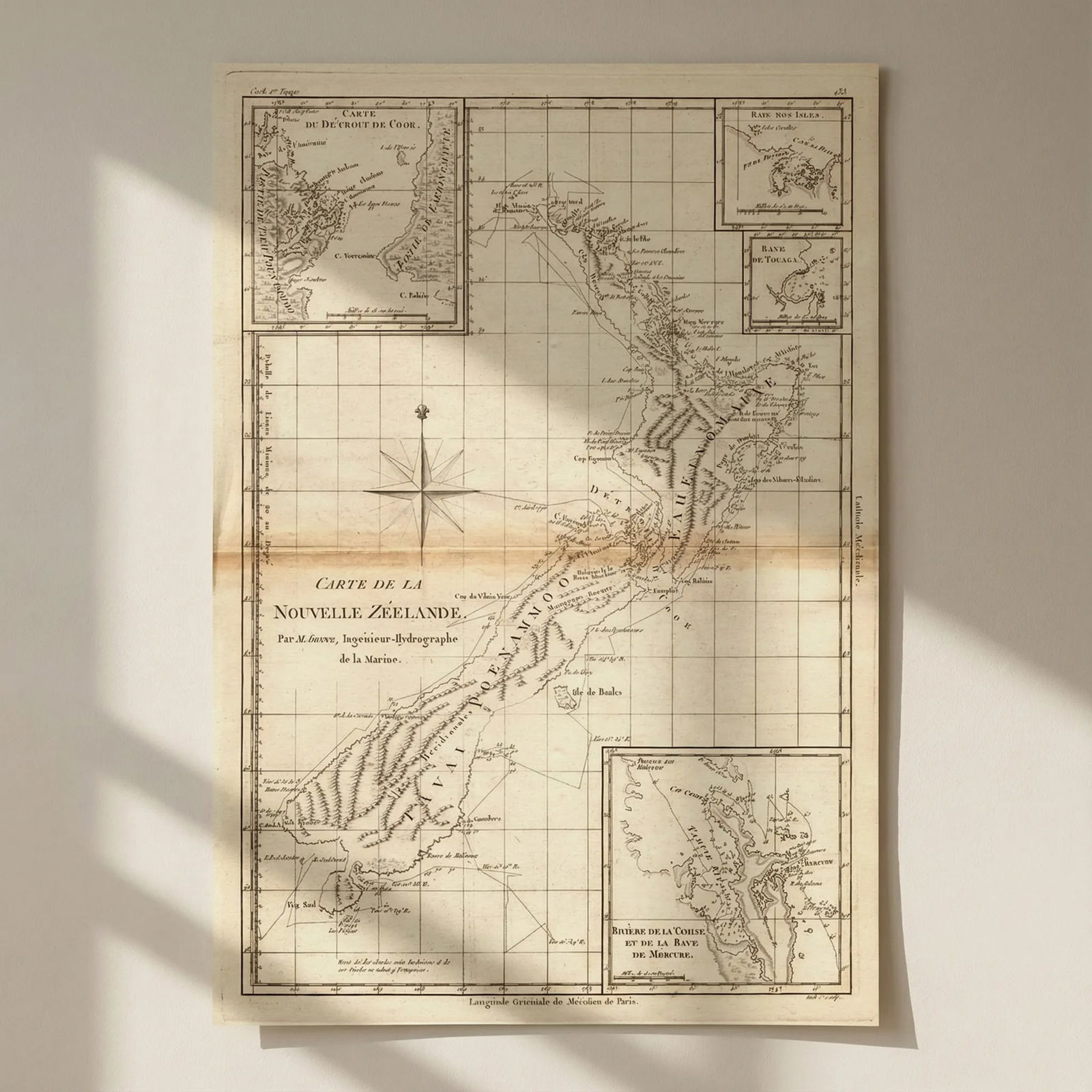 Carte de la Nouvelle Zéelande. New Zealand. Cook Strait. Thames. BONNE 1788 map: Title: Carte de la Nouvelle Zéelande. New Zealand. Cook Strait. Thames. BONNE 1788 map Description: [Cook 3e Voyage] Carte de la Nouvelle Zéelande // Carte du Détroit de Cook // Baye de