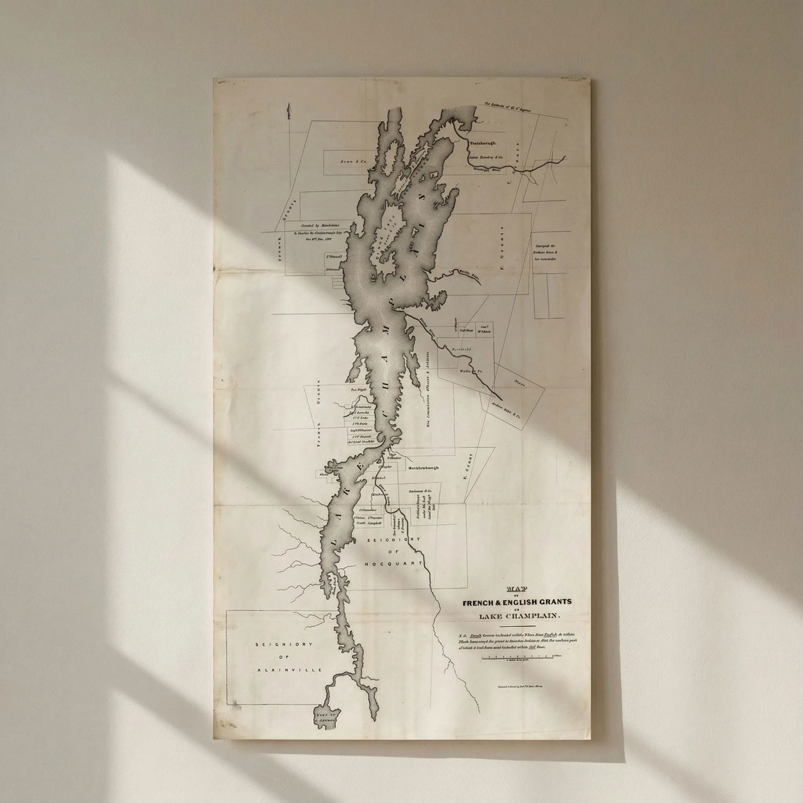 Map of French & English Grants on Lake Champlain. New York State. Pease 1849: Title: Map of French & English Grants on Lake Champlain. New York State. Pease 1849 Description: Map of French & English Grants on Lake Champlain' by Pease, Richard H.. Published 1849. Antique 19t