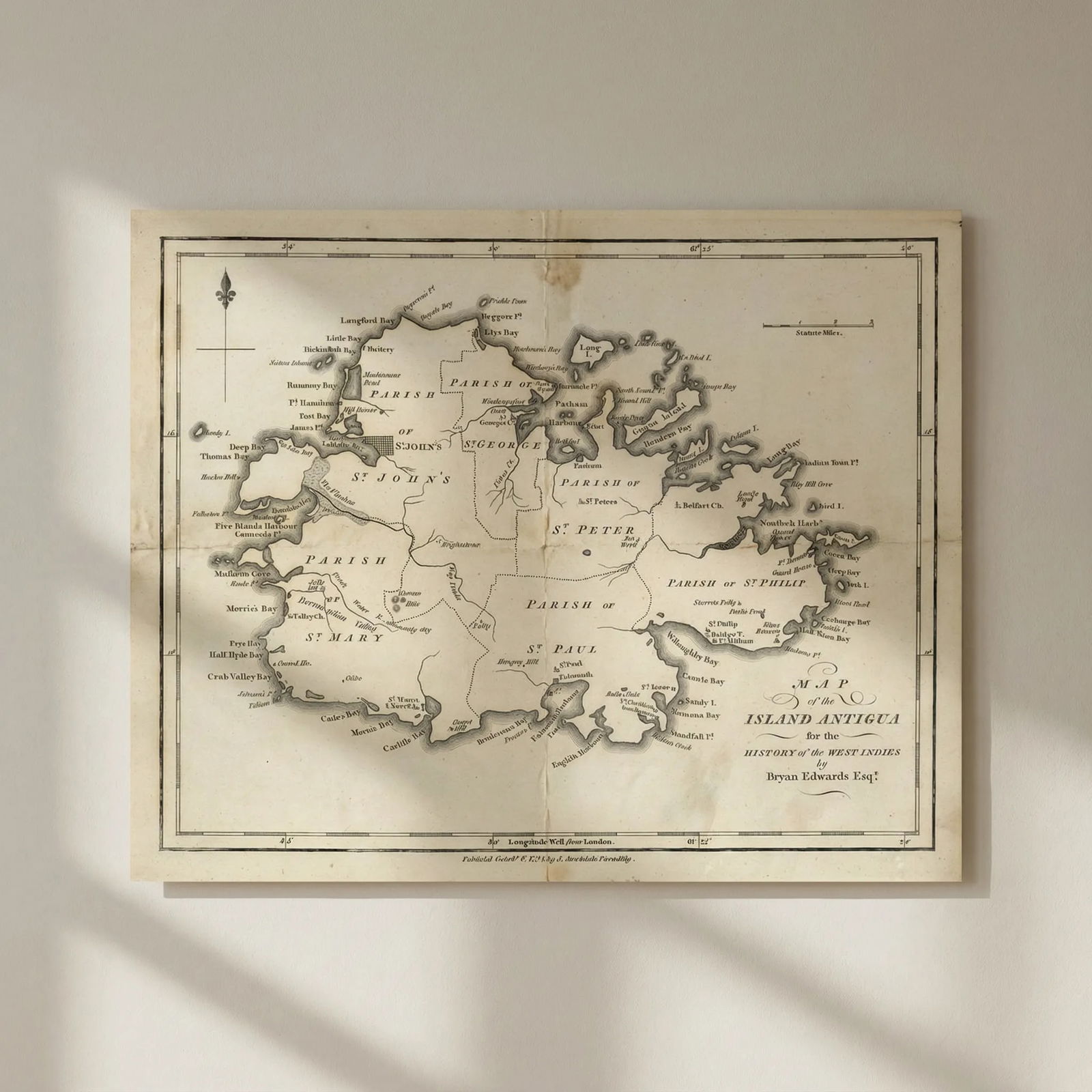 Map of the Island Antigua', by Bryan EDWARDS. West Indies. Caribbean 1794: Title: Map of the Island Antigua', by Bryan EDWARDS. West Indies. Caribbean 1794 Description: Map of the Island Antigua' by Edwards, Bryan. Published 1794. Antique copperplate map. Size 19 x 24 cm | 7