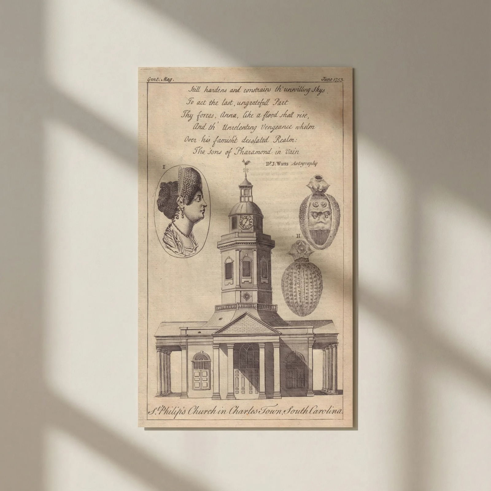 St. Philip's Church in Charles Town, South Carolina. Charleston 1753 old print: Title: St. Philip's Church in Charles Town, South Carolina. Charleston 1753 old print Description: St. Philip's Church in Charles Town, South Carolina' by Anonymous. Published 1753. Antique copperplat